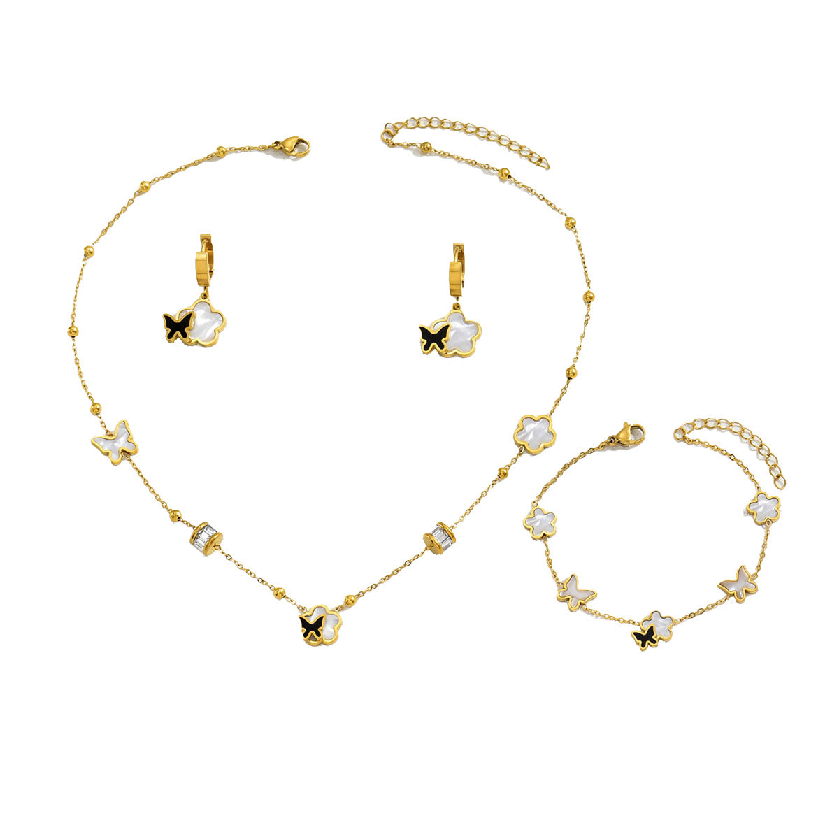 Conjunto de Collar, Pulsera y Pendientes Minimalistas con Mariposa Geométrica y Circonitas Incrustadas en Cobre para Mujer