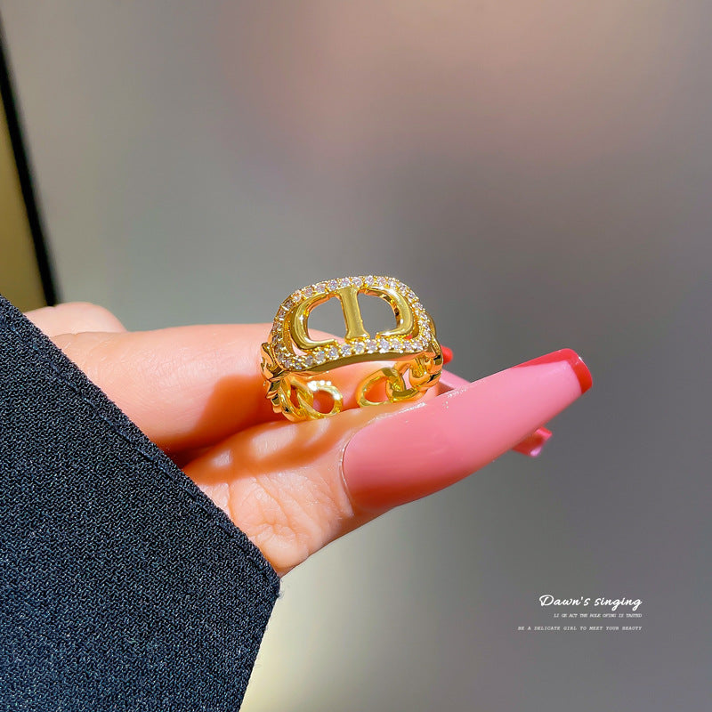 Anillo abierto ajustable minimalista para mujer con forma de corona, banda de latón e incrustaciones de circonita, joyería de moda en tonos fríos