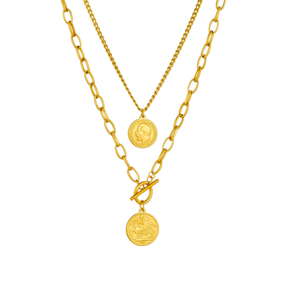 Collana con ciondolo tondo doppio lato con ritratto vintage in acciaio inossidabile placcato oro, catena a serpente da donna