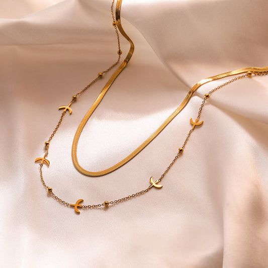 Minimalist Geometric Irregular Four-Leaf Clover Titanium Steel Necklace for Women with Double-Layer Aviation Design