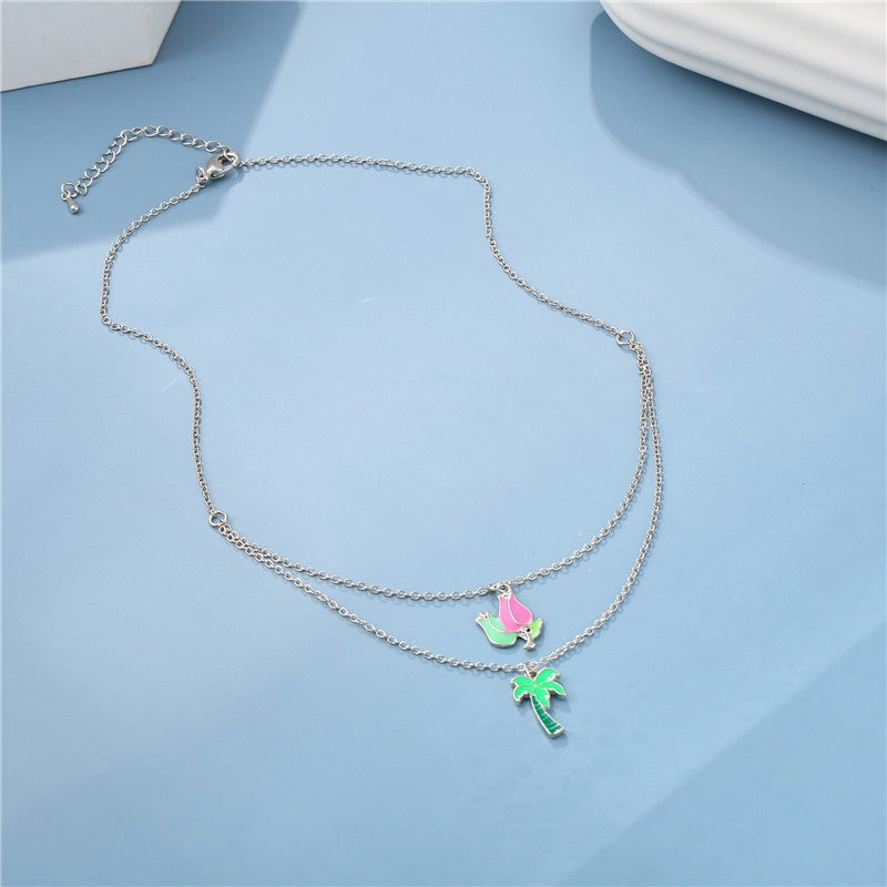 Dulce Collar de Mariposa Floral Estrella Corazón para Niñas, Cadena de Aleación con Acabado Esmaltado, Joyería de Verano Multicapa