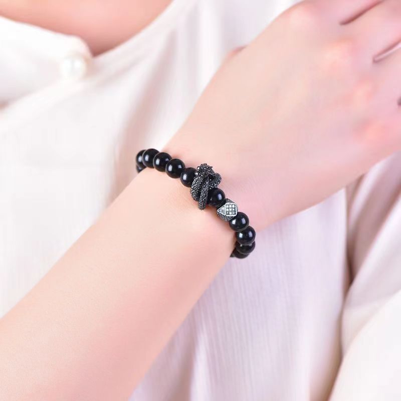 Bracciale Geometrico con Perline di Ossidiana Nera, Montatura in Rame e Accenti di Zirconi, Accessorio Moda Unisex per Donna e Uomo