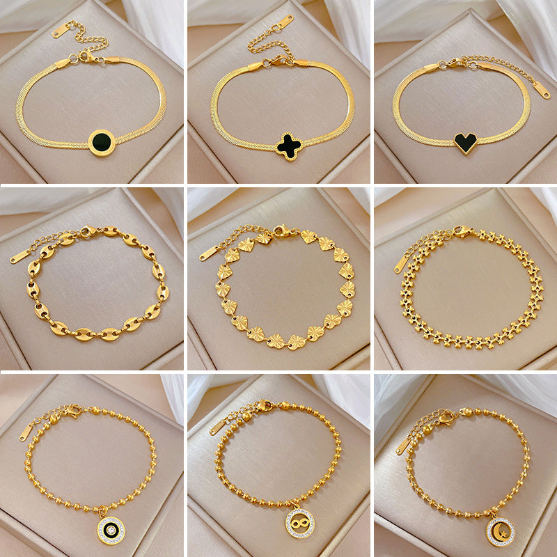 Vintage Women's Titanium Steel Rope Chain with Round Beads and Roman Numerals Gold Plated Wave Texture Four-Season Bean Hand Chain