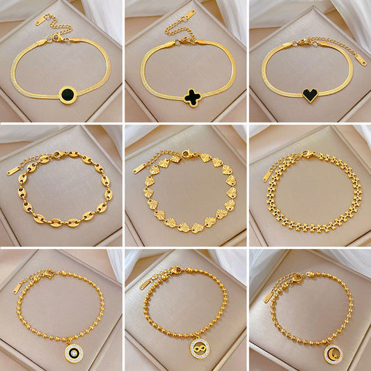 Vintage Women's Titanium Steel Rope Chain with Round Beads and Roman Numerals Gold Plated Wave Texture Four-Season Bean Hand Chain