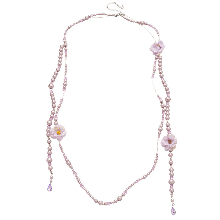 Elegante collar de perlas con flor de tela de estilo francés para mujer con colgante de aleación chapada, delicada cadena para suéter de uso diario