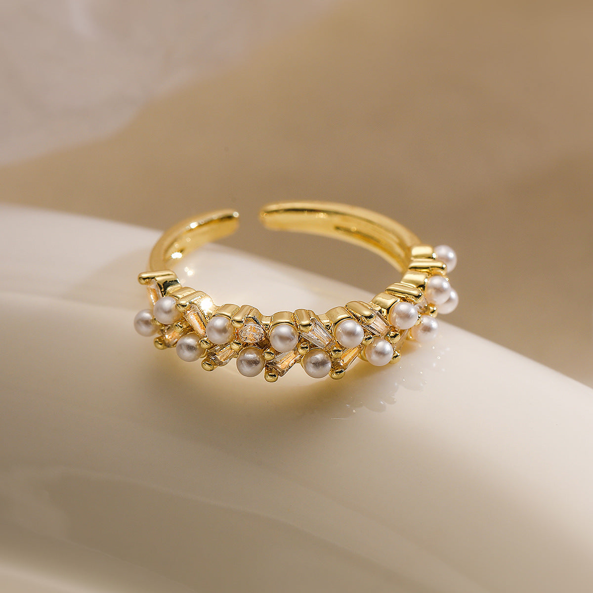 Minimalist Geometric Open Ring for Women in Brass with 18K Gold Plating, Zircon and Pearl Inlay