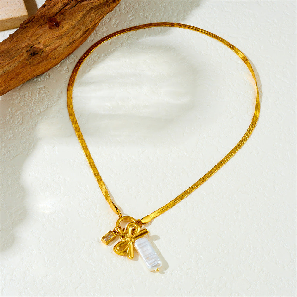 Vintage Elegant Gold Plated Stainless Steel Heart Bow Pearl Pendant Necklace