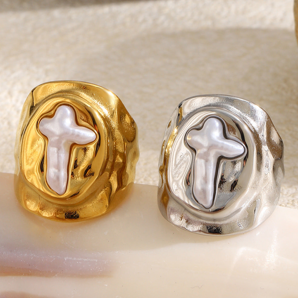 Elegant Minimalist 18K Gold Plated Stainless Steel Cross Oval Imitation Pearl Ring