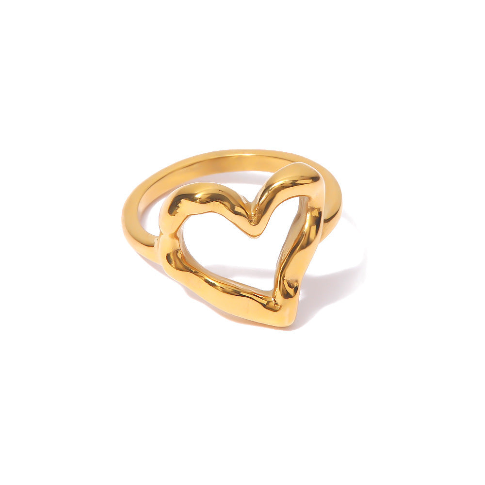 Minimalist Heart-Shaped Titanium Steel Ring with Gold Plating for Women, Hypoallergenic Hammered Texture Design