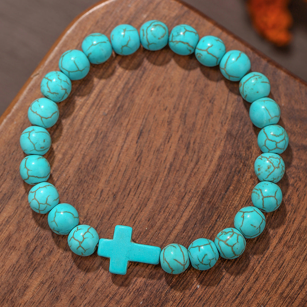 Handmade Geometric Cross Turquoise Tiger Eye Obsidian Lapis Lazuli Beaded Bracelet Unisex