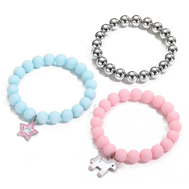 Cute Candy-Colored Beaded Bracelet with Cartoon Unicorn Pendant for Girls Children Sweet Animal-Shaped Resin Plastic Jewelry Set