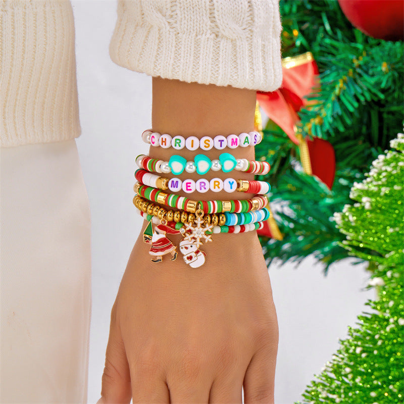 Handmade Christmas Style Beaded Bracelet Set with Alphabet Charms and Polymer Clay Beads in Alloy for Unisex Wear