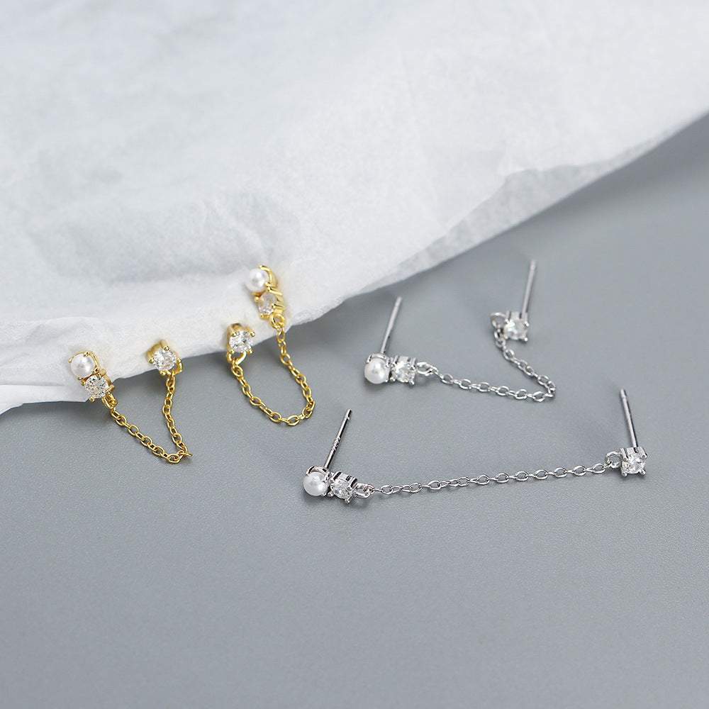 Orecchini pendenti da donna in argento sterling 925 con perle finte e intarsi in strass, design geometrico dolce e audace