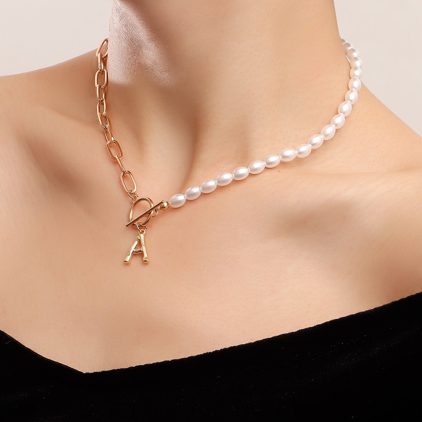 Minimalist Geometric Alloy Pendant Necklace with Simulated Pearl Accent and Letter A Design for Women