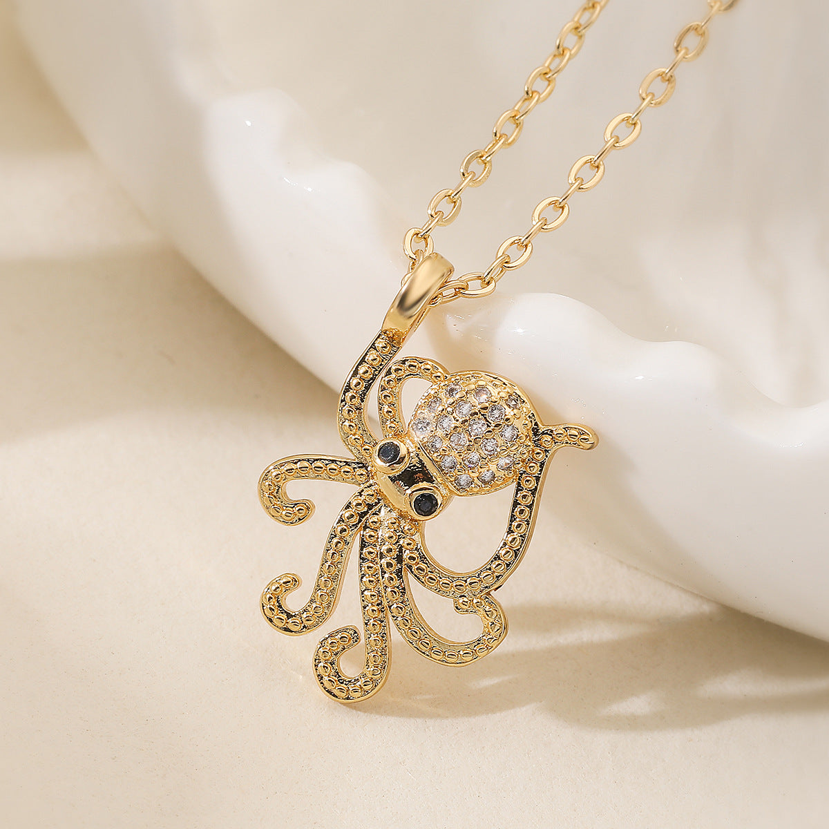Minimalist 18K Gold Plated Geometric Cubic Zirconia Octopus Pendant Necklace for Women