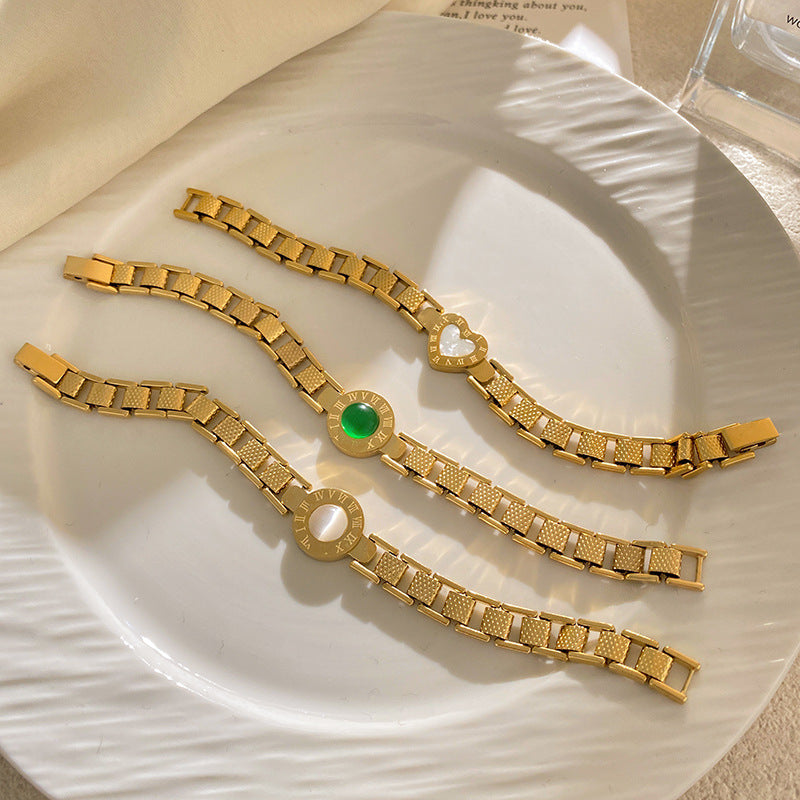 Gold Plated Titanium Steel Round Shell Cat's Eye Bracelet