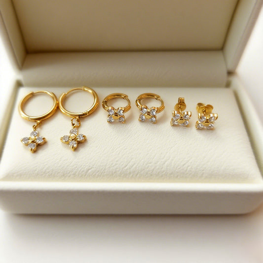 Orecchini di lusso floreali in acciaio inossidabile placcati oro con zirconi cubici da donna