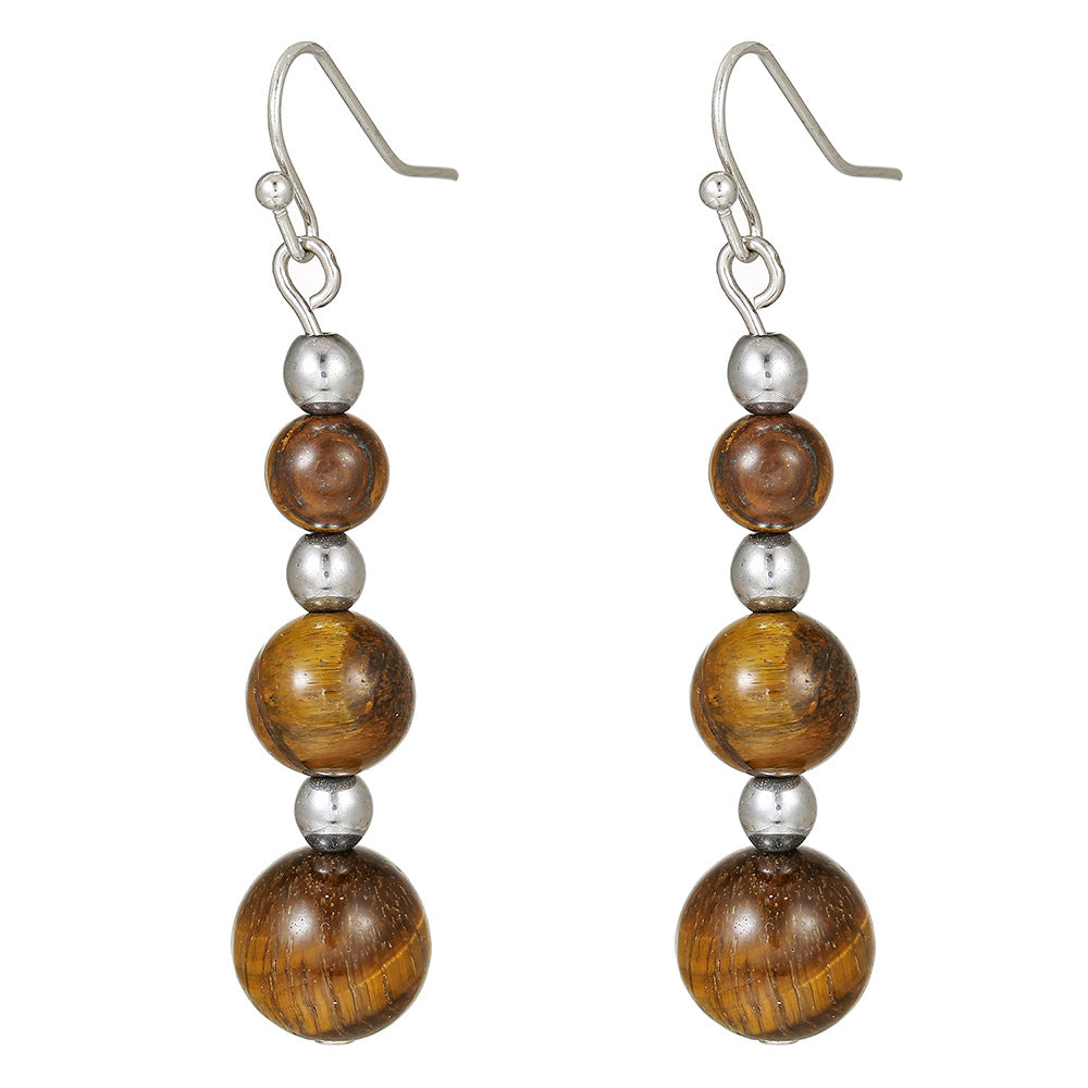 Vintage Geometric Round Tiger Eye Tassel Hook Earrings for Women