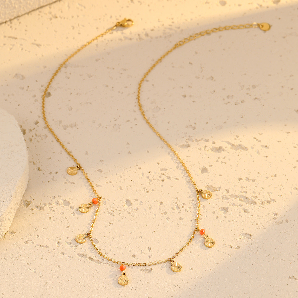 Fashionable OL Style Round Disc Pendant with Crystal Embellishments and Fringe Detail Stainless Steel Necklace for Women