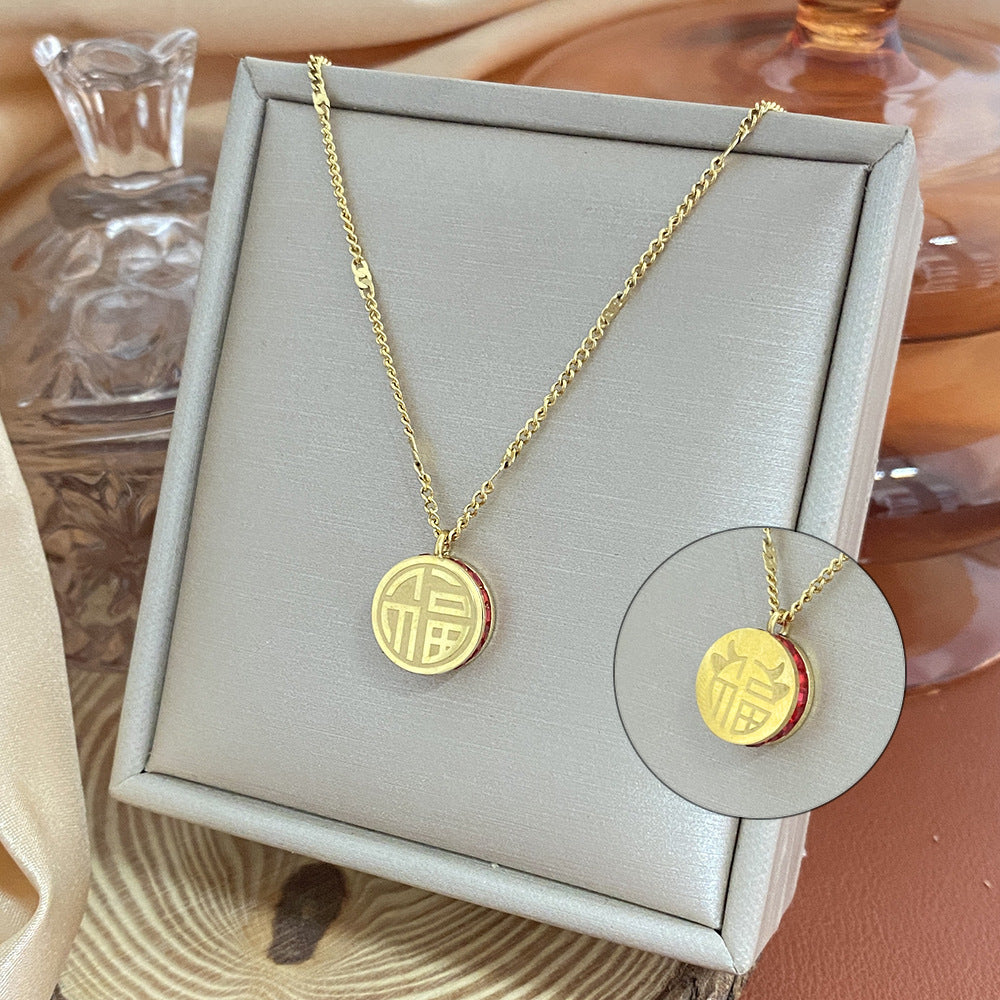 18K Gold Plated Titanium Steel Heart Cartoon Leaf Necklace with Ethnic Elements