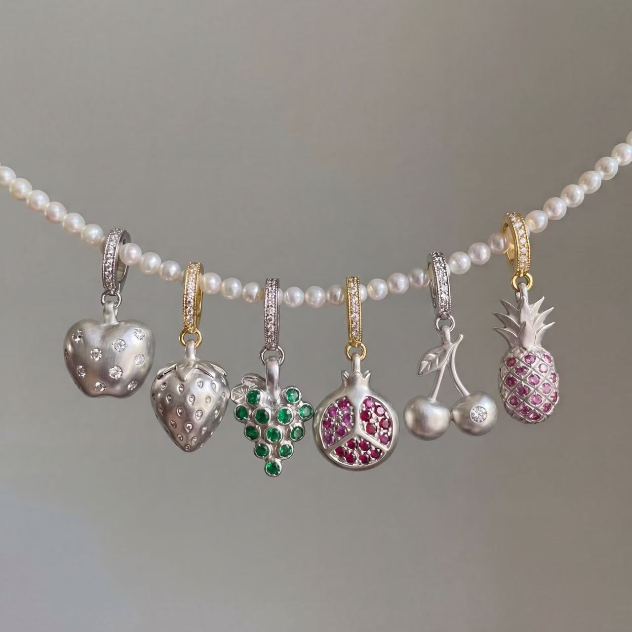Vintage Drip Oil Plated Brass Cubic Zirconia Fruit Pattern Charm Bar