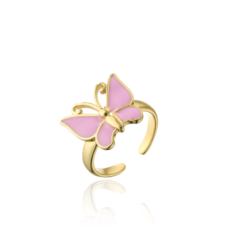 18K Gold Plated Brass Drip Oil Butterfly Open Ring for Women