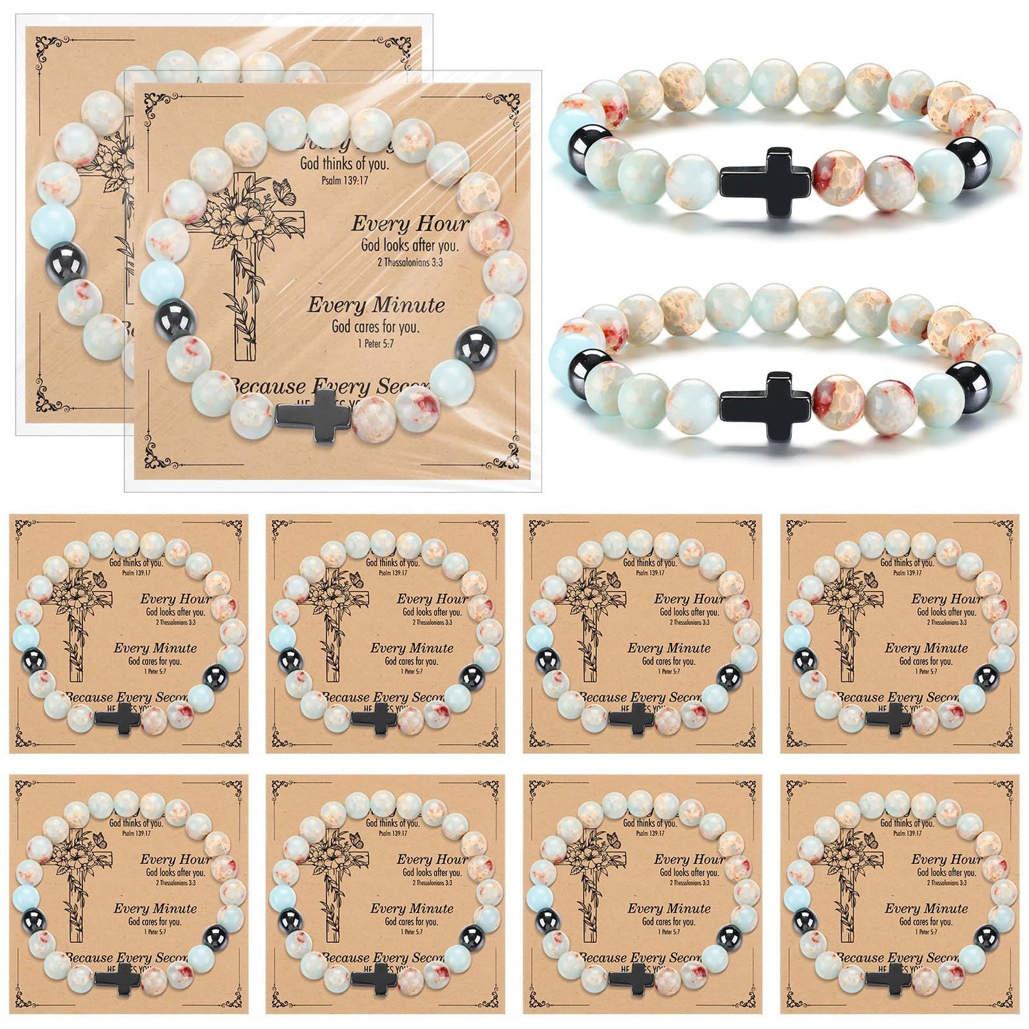 Vintage Bohemian 8mm Agate Cross Beaded Bracelet Unisex Religious Handmade Jewelry