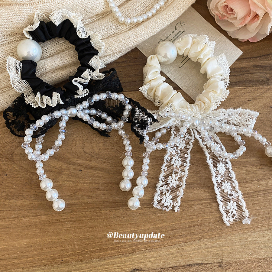 Elegante lazo para el cabello de tela con perlas de imitación para mujer, cierre magnético, hecho a mano, versátil sujetador de cola de caballo con tacto de lujo