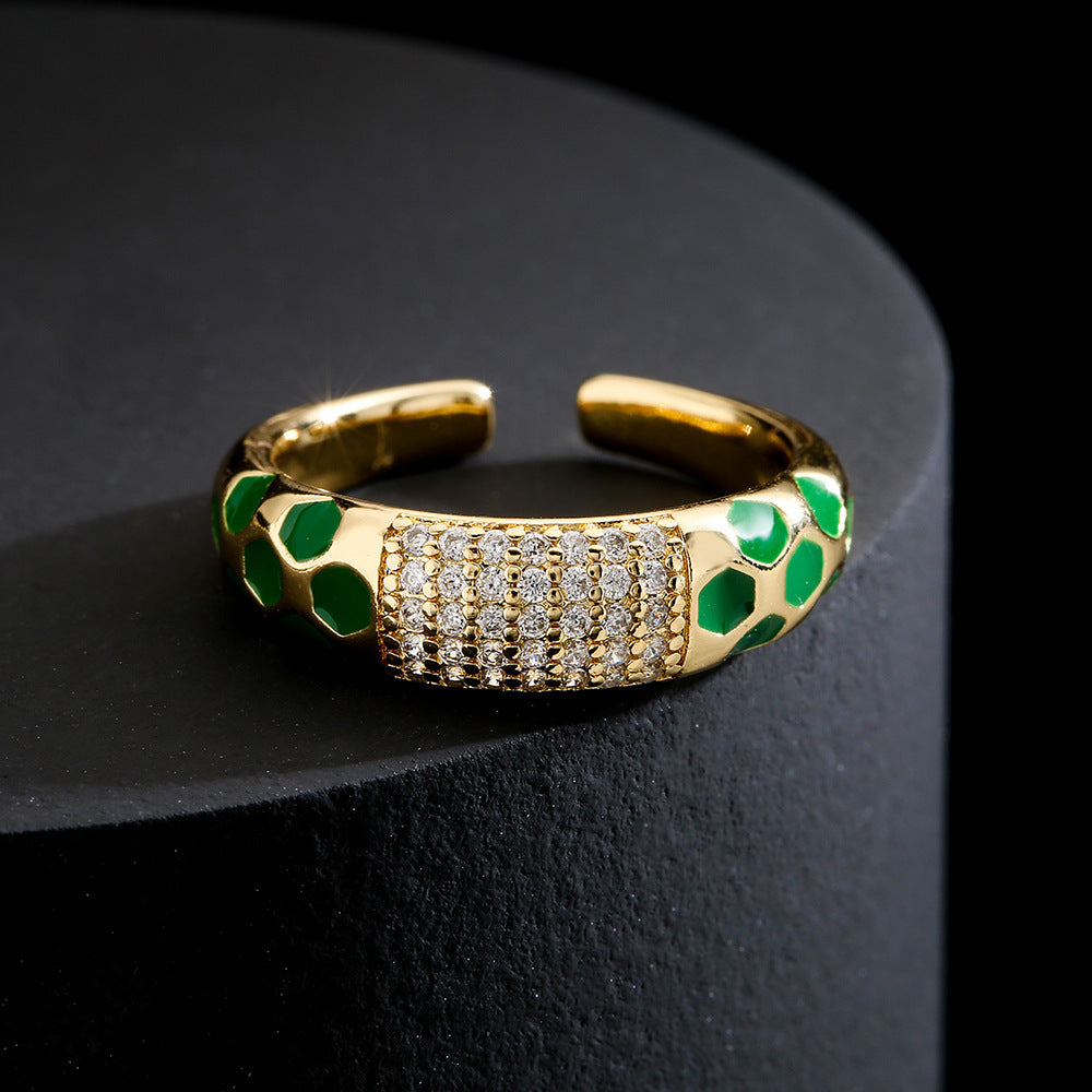 Minimalist Geometric Open Ring for Women in Brass with 18K Gold Plating and Colored Zircon Inlay
