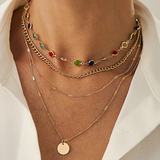 Minimalist Geometric Round Pendant Necklace for Women with Crystal Inlay and Metal Chain