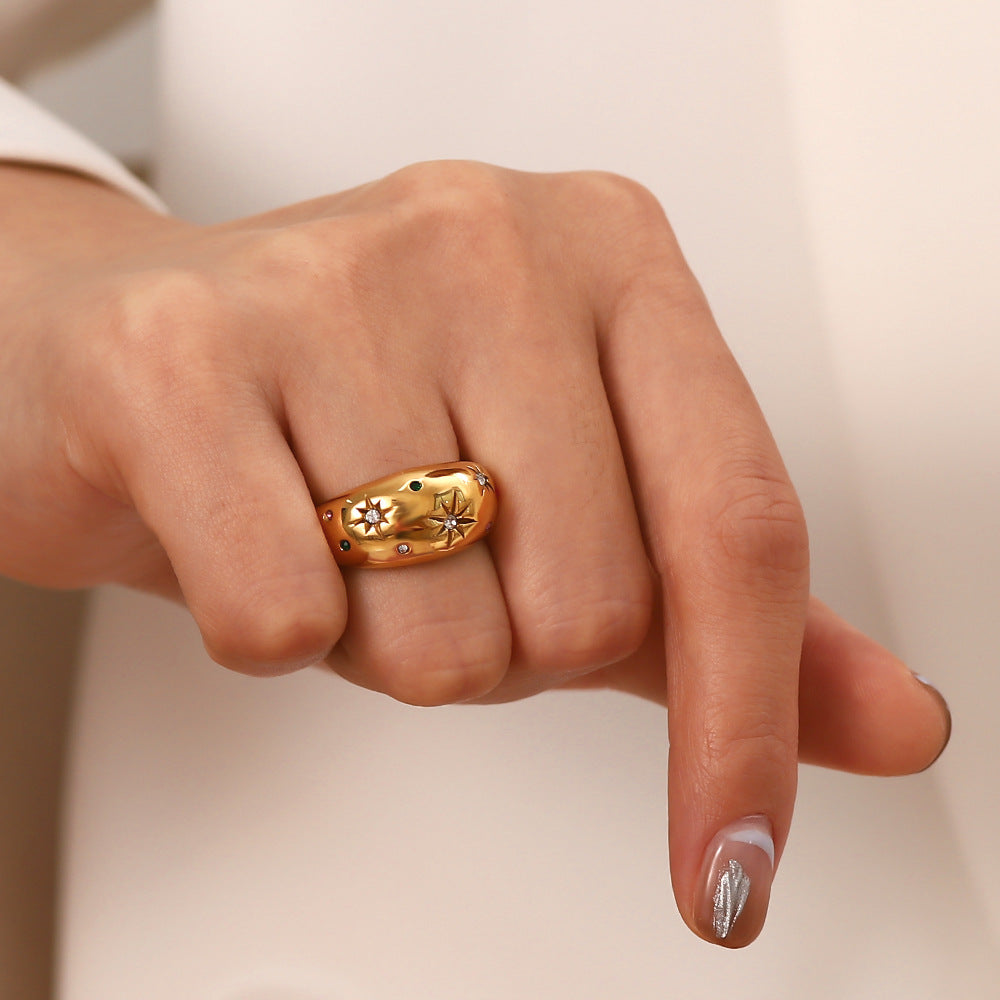 Anello esagonale in zirconi da donna, stile minimalista francese di lusso vintage, in acciaio inossidabile placcato, gioiello di moda