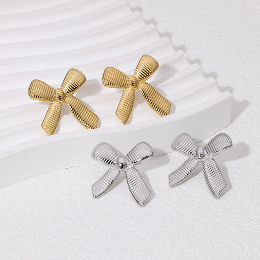 Fashionable 18K Gold Plated Stainless Steel Bow Knot Earrings for Women