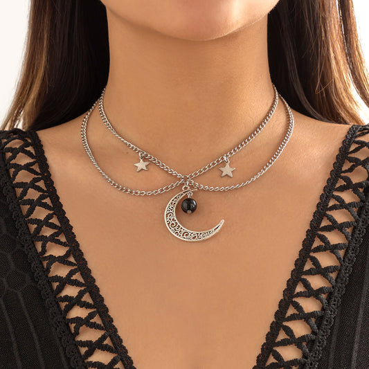 Collar con colgante minimalista de luna creciente geométrica y estrella con cadena en capas para mujer