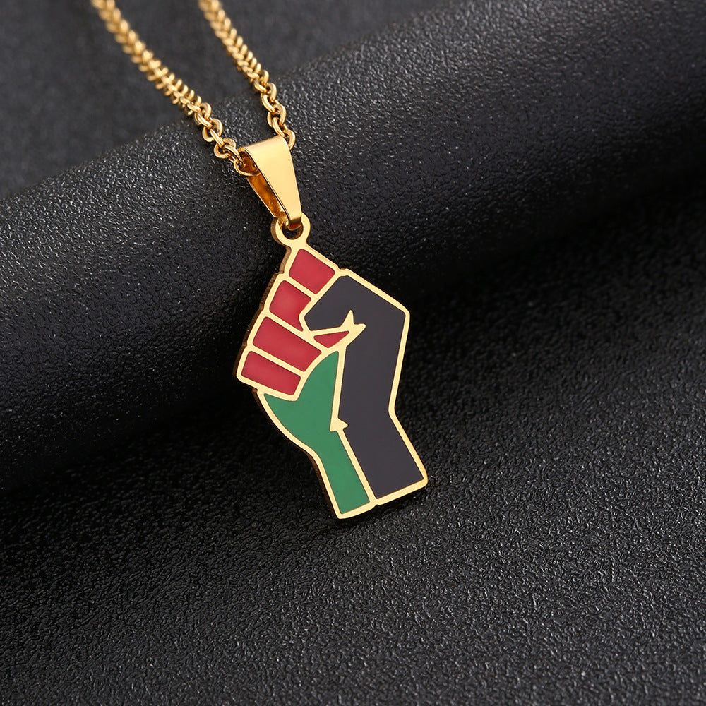 Geometric African Fist Symbol Pendant Necklace in Stainless Steel with Titanium Steel Charm, Electroplated O-Chain, Unisex Fashion Accessory