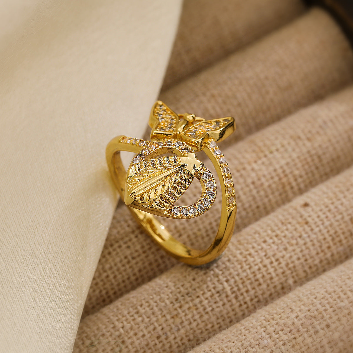 Minimalist Geometric Butterfly and Wheat Motif Open Ring for Women in Copper with 18K Gold Plating and Zircon Inlay