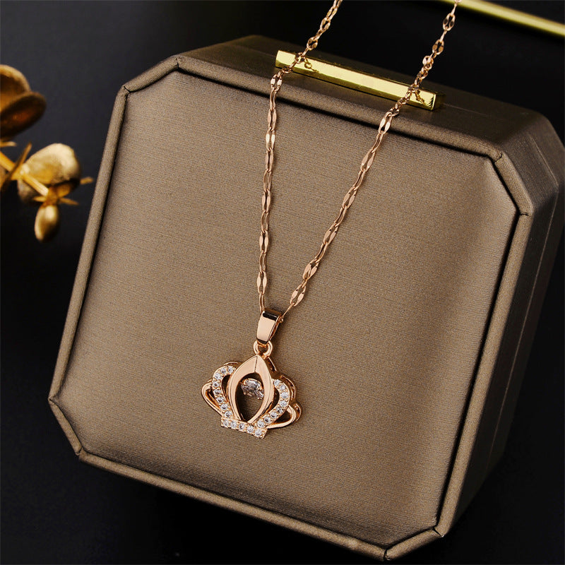 Minimalist Crown Pendant Necklace for Women in Titanium Steel with Plated Finish and Snake Chain