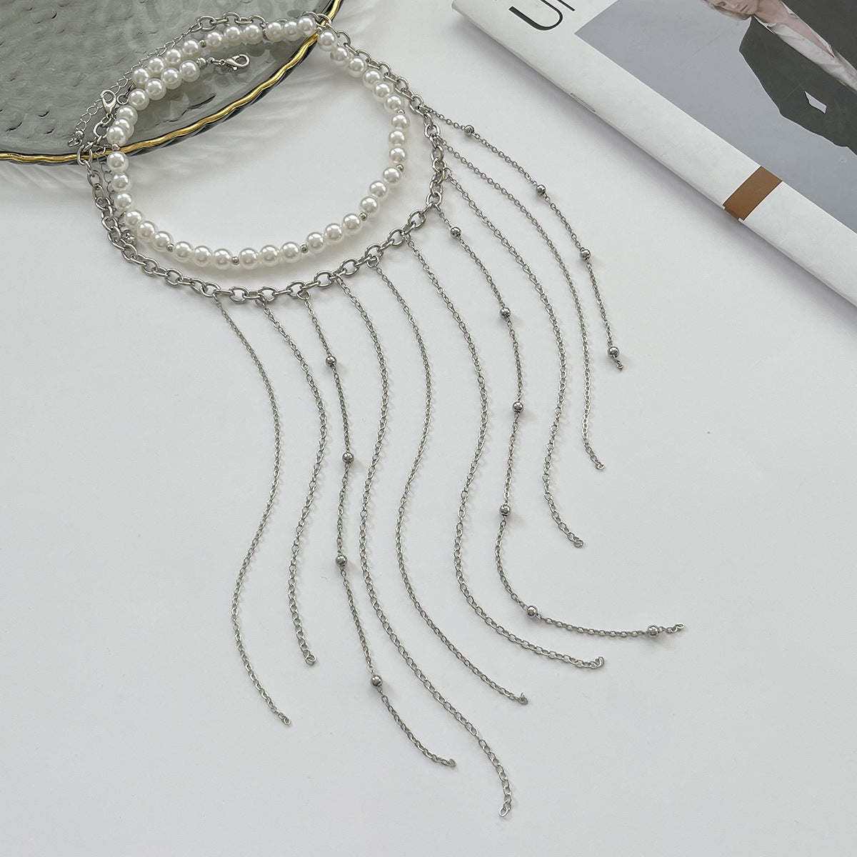 Minimalist Cross Pendant Clavicle Necklace for Women with Imitation Pearl Accents and Crystal Tassels on Electroplated Alloy Chain
