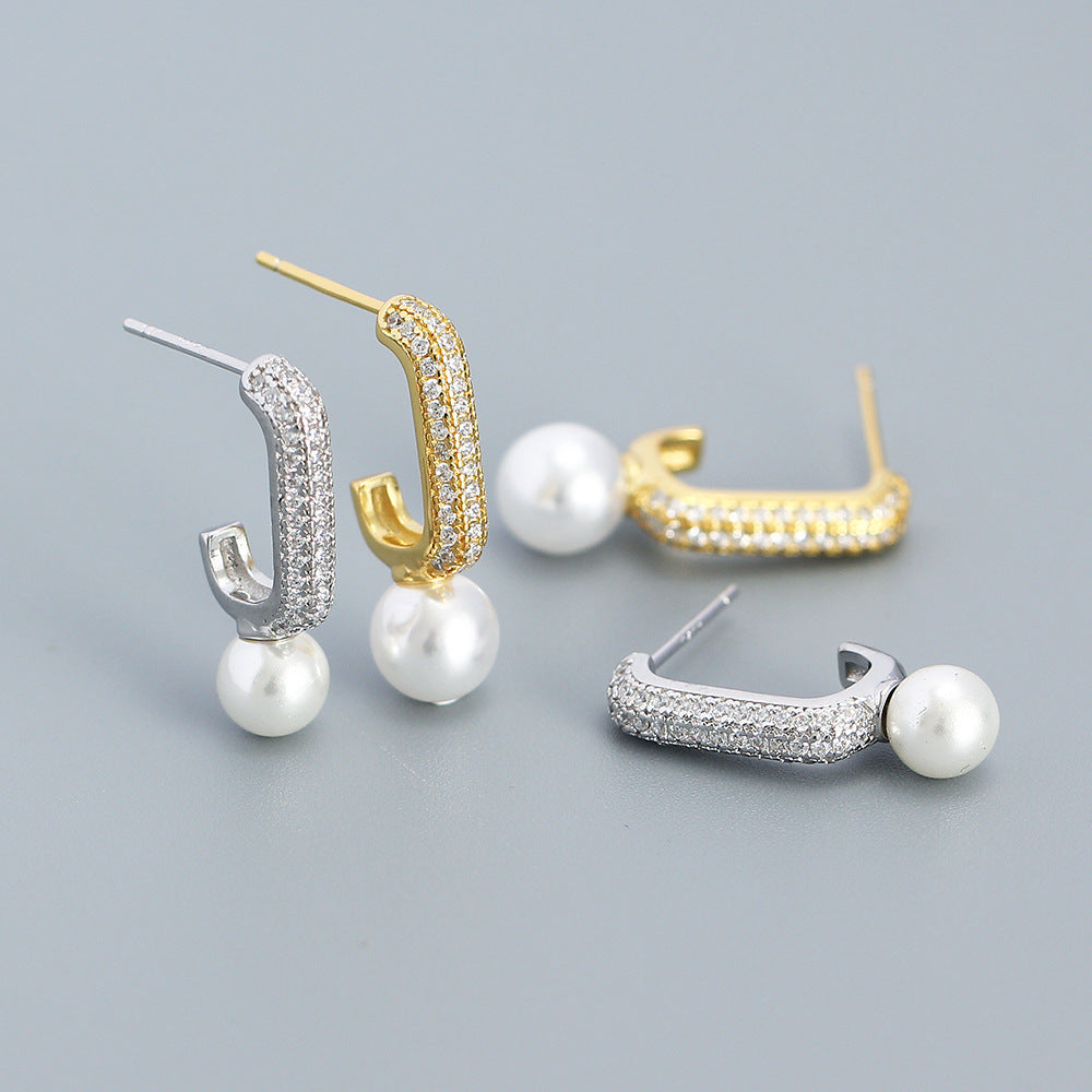 Minimalist Geometric Pearl Stud Earrings in Sterling Silver with Rhinestone Inlay for Women