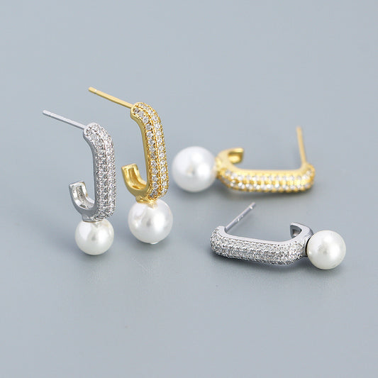 Orecchini a perno geometrici minimalisti con perla in argento sterling e intarsio di strass per donna