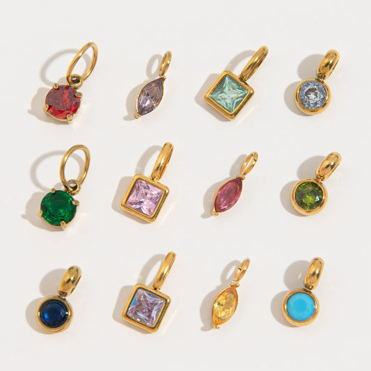 Vintage Geometric Stainless Steel 18K Gold Plated PVD DIY Charm Bar Necklace with 12 Birthstones