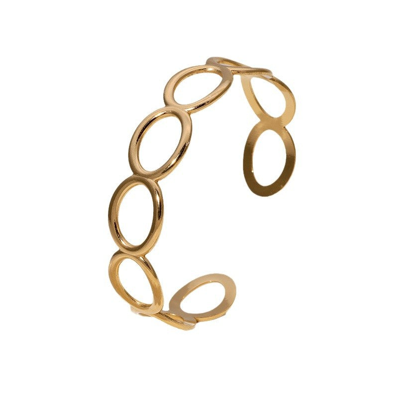 Minimalist Geometric Oval Stainless Steel Open Bangle Bracelet with Gold Plating