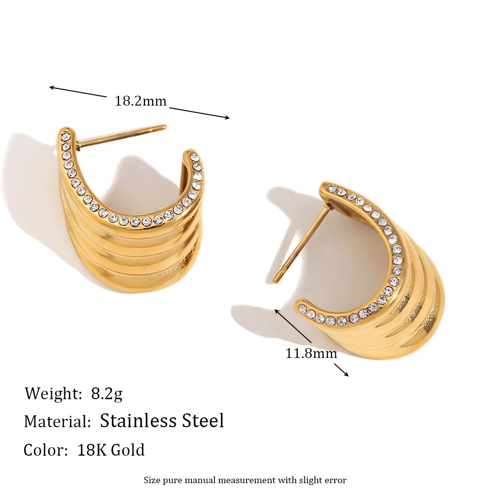 Fashionable Geometric Stainless Steel Earrings with 18K Gold Plating and Micro-Paved Rhinestone Wave-Edge Design for Women