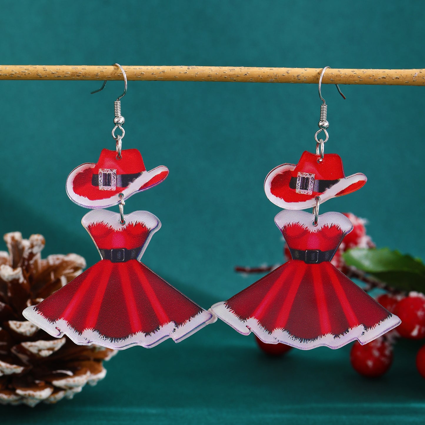 Pendientes Acrílicos Geométricos Minimalistas para Mujer con Estampado Navideño Festivo Accesorios de Fiesta Rojos