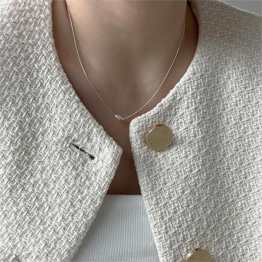 Minimalist Geometric Pearl Necklace in 925 Sterling Silver with Rhodium Plating on Snake Chain