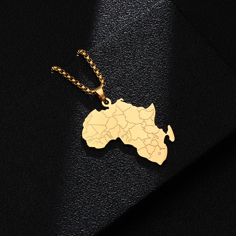 Collana con Ciondolo Mappa dell'Africa Placcato Oro in Acciaio al Titanio Stile Retro Hip-Hop con Ciondolo Elefante su Catena di Perle Quadrate per Unisex
