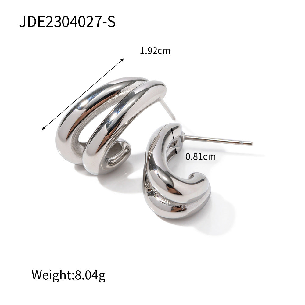 Trendy Geometric Double Layer Hollow C-Shaped 18K Gold Plated Stainless Steel Stud Earrings for Women