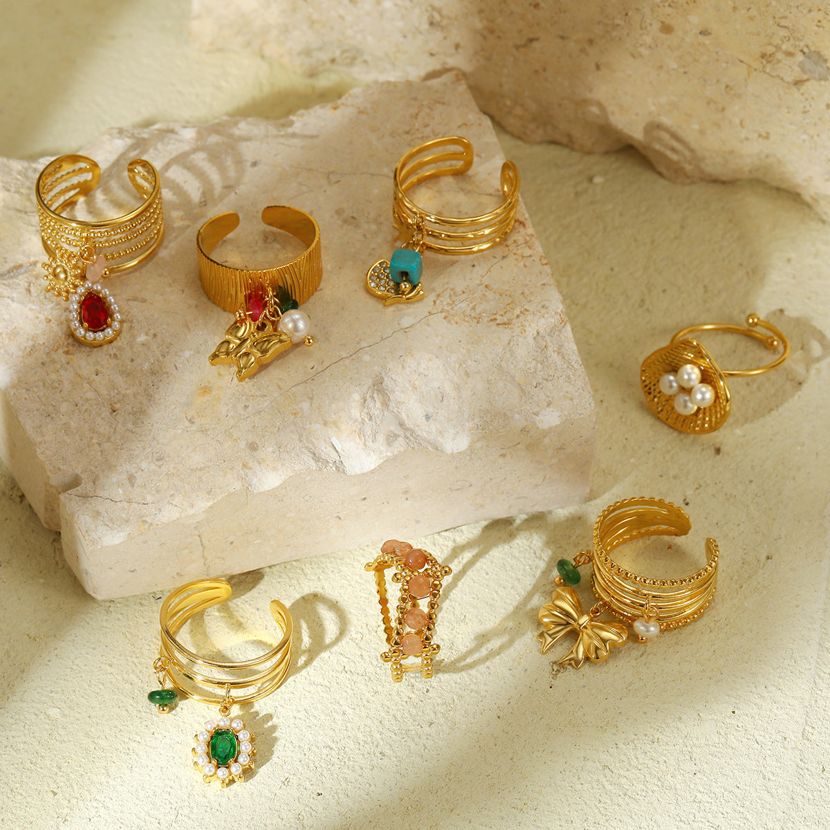 Anillo abierto de acero inoxidable con chapado, estilo francés vintage elegante, con incrustaciones de piedra natural y detalles de perlas