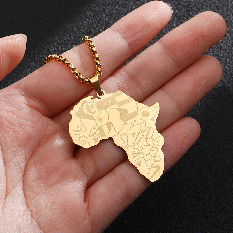 Collana con Ciondolo Mappa dell'Africa Placcato Oro in Acciaio al Titanio Stile Retro Hip-Hop con Ciondolo Elefante su Catena di Perle Quadrate per Unisex