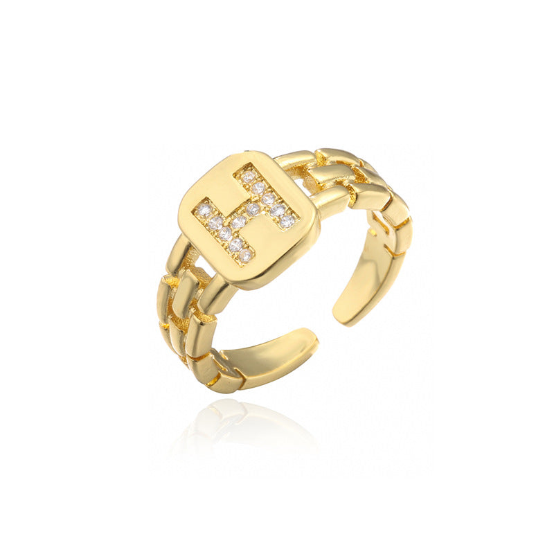 Minimalist Letter Shape Copper Ring with Micro-Pavé Setting Adjustable Geometric Band