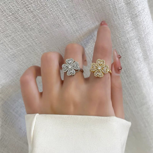 Minimalist Clover-Shaped Titanium Steel Ring with Rhinestone Inlay for Women, Adjustable Open Band Design